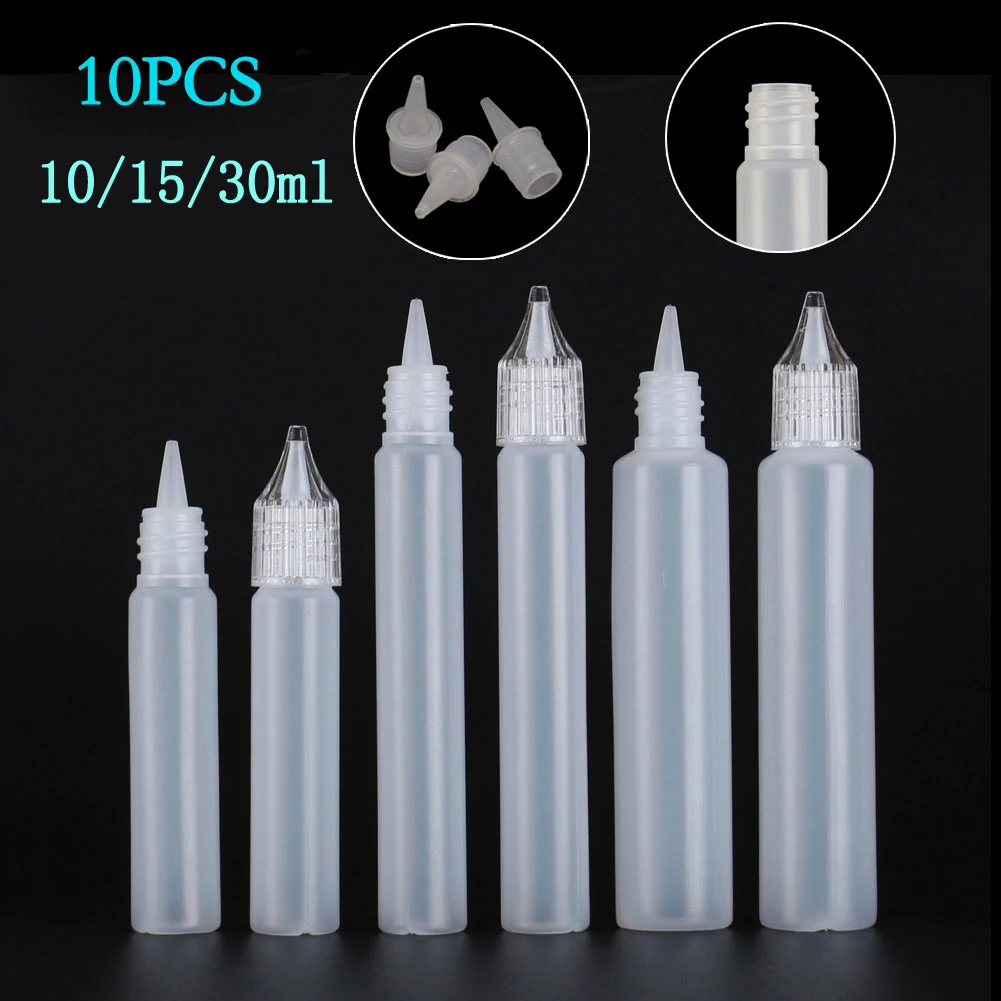 

10Pcs 10ml 15ml 30ml New Empty Dropper Bottles Plastic E Liquid Juice Squeezable Milky Containers LDPE with Crystal Caps