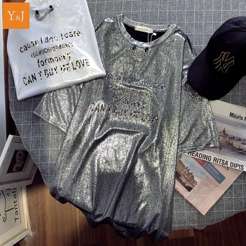 

2020 Hip Hop Streetwear Paillette Embroidery Chain Oversized T Shirt Shinning Harajuku Letter Print Graphic Tees Women Tops