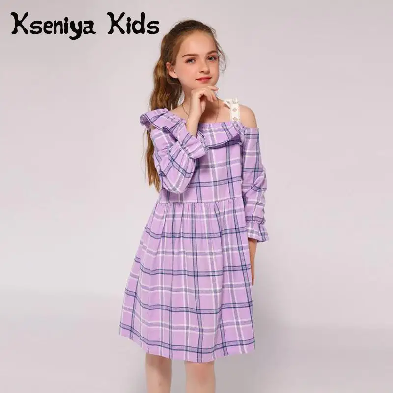 Детское клетчатое платье Kseniya с одним открытым плечом и длинным рукавом для