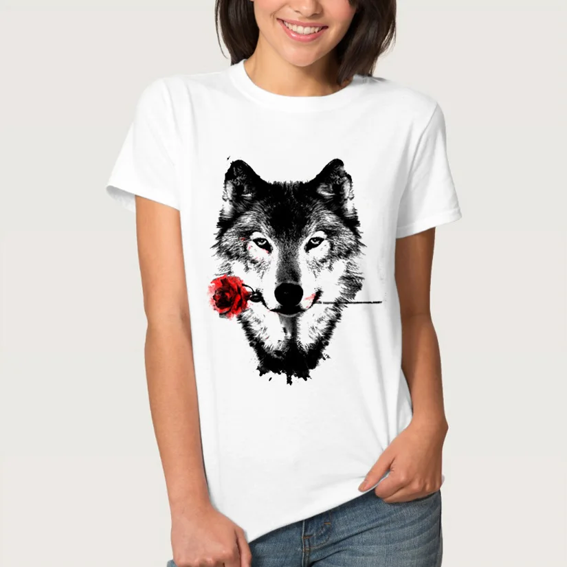 

Girl Casual Tees New Summer Fashion Women T-Shirt Cute Wolf And Rose Print T-Shirt 2019 Funny Animal Design Novelty White Tops