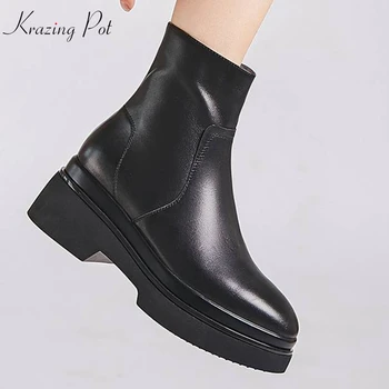 

krazing pot cow leather thick bottom wedges high heels zipper round streetwear keep warm solid black color mid-calf boots L9f1