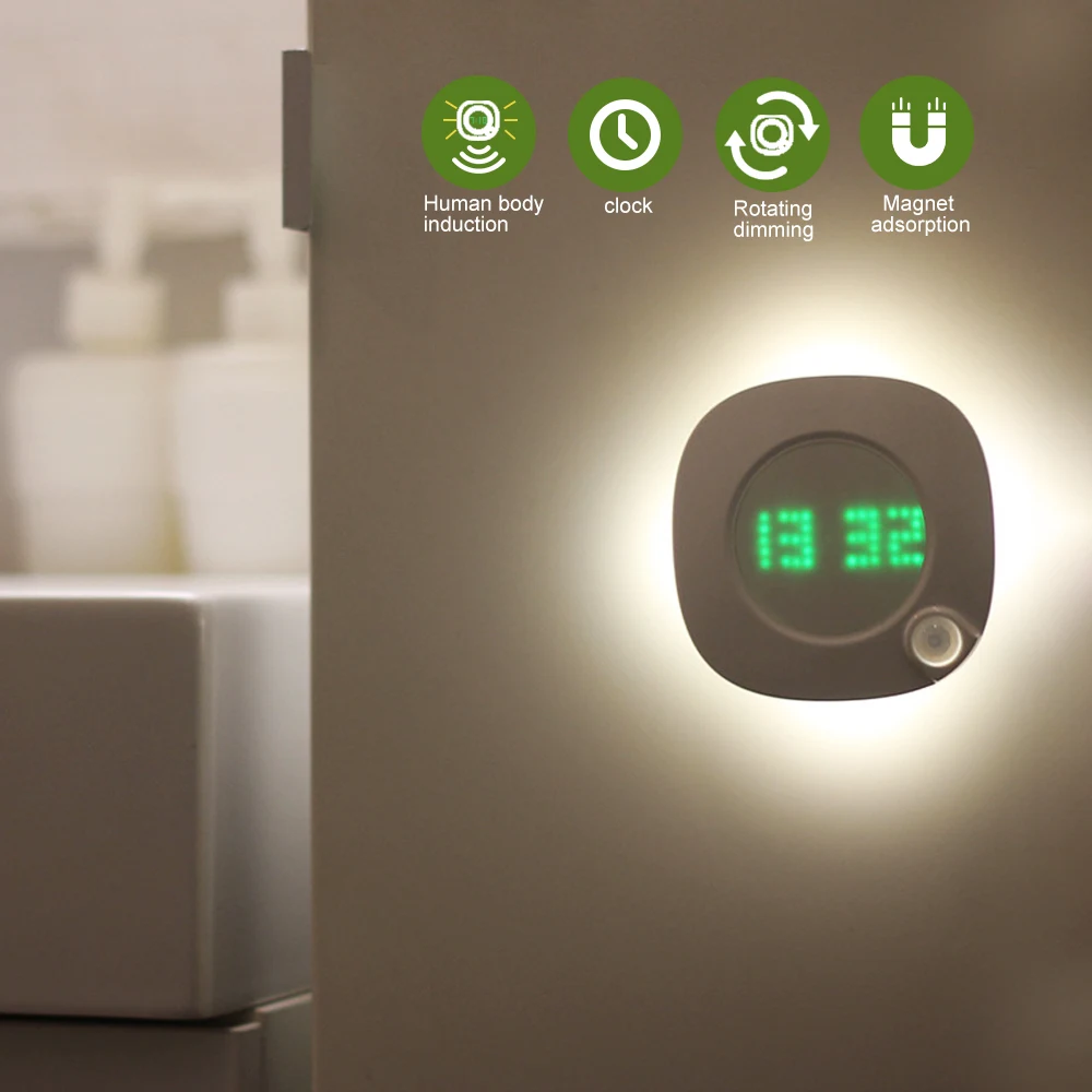 Motion Sensor Night Light With Clock Battery Power PIR Sensor Adjustable Brightness Magnet Night Lamp Two Lighting Color