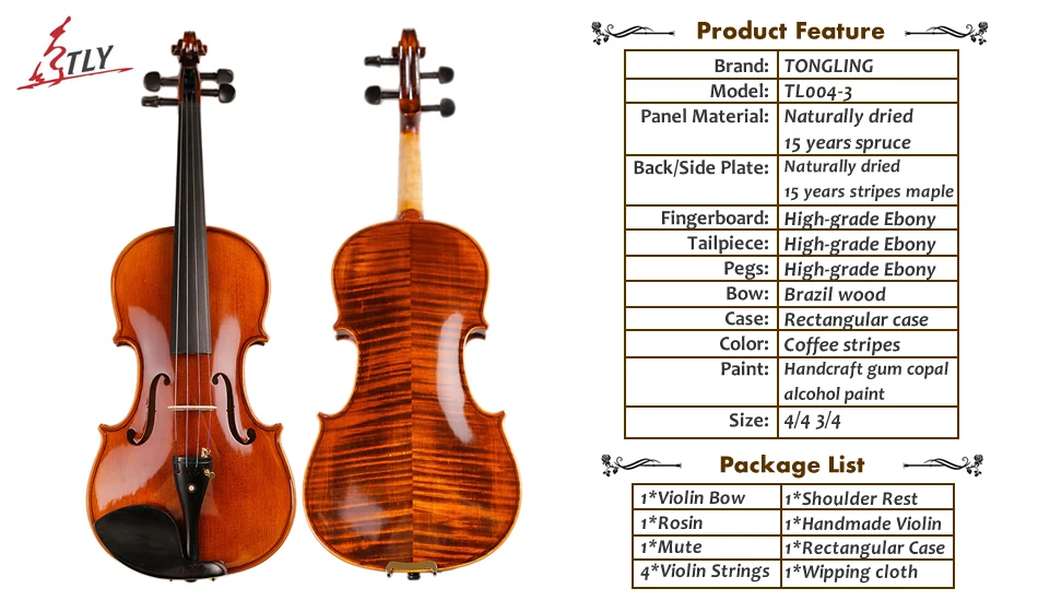High-grade Natural Stripes Maple Violin Full Hand-made Alcohol Paint Violino 4/4 3/4 Naturally dried 20 years TONGLING Brand