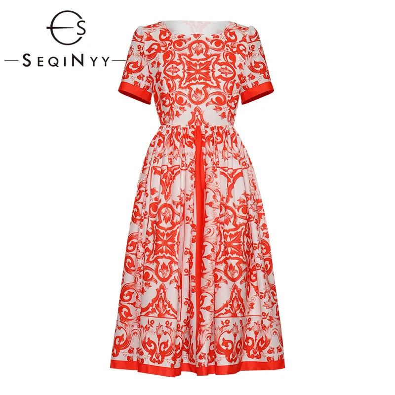 SEQINYY/платье с принтом в винтажном стиле; красные цветы; Новинка года; сезон лето-весна; модное Повседневное платье трапециевидной формы с короткими рукавами