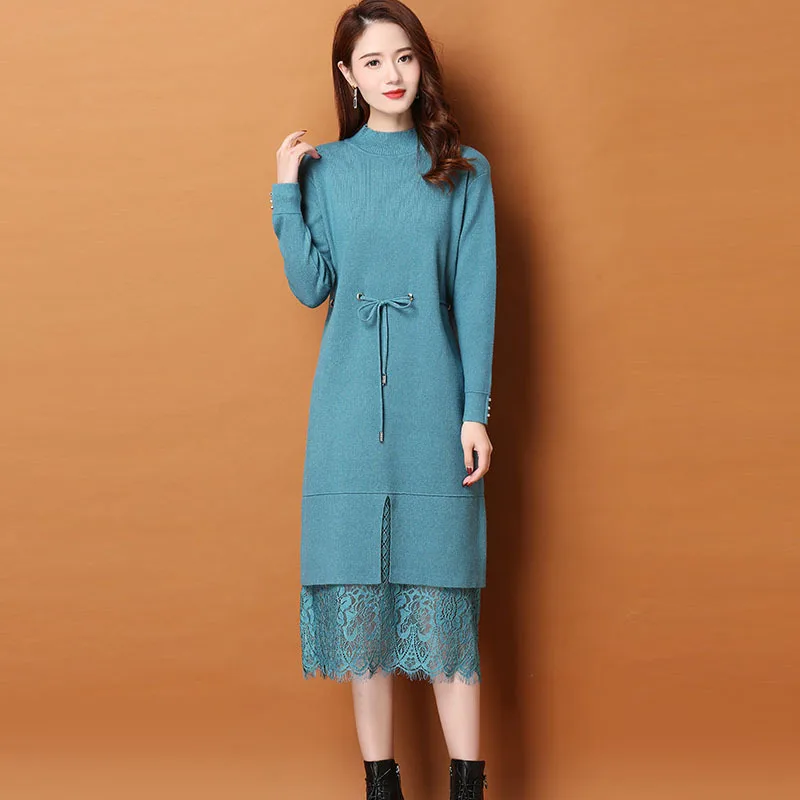 

Europe And America Sweater Dress Women's Long over-the-Knee Autumn & Winter 2019 New Style Lace Base Jersey Dress Thick