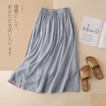 

Womens Vintage Pleated Midi Long Skirt Ladies High Waist Bow Tied Cotton Linen Chic Skirts Jupe Faldas 2020 Spring Summer SK308