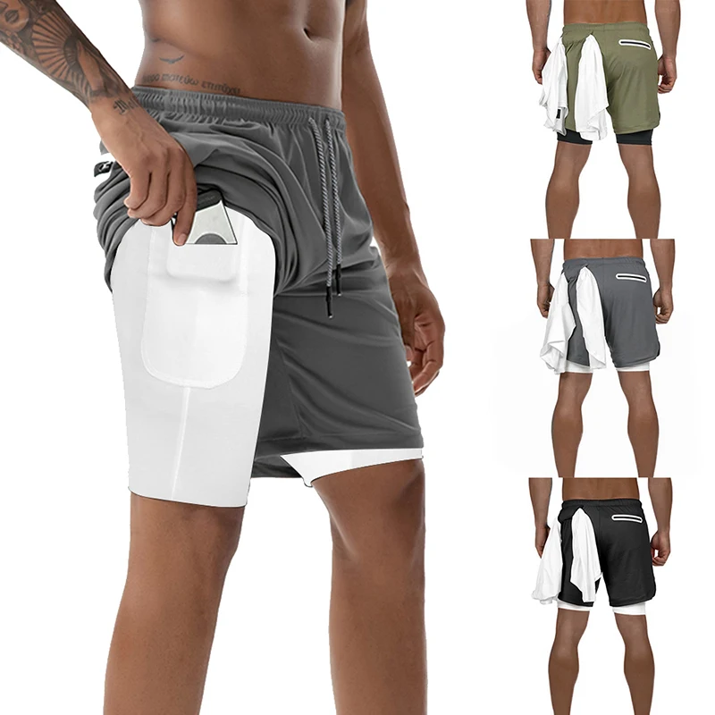 Мужские быстросохнущие шорты для бега 2 в 1, шорты для отдыха со встроенными карманами, дышащие спортивные шорты