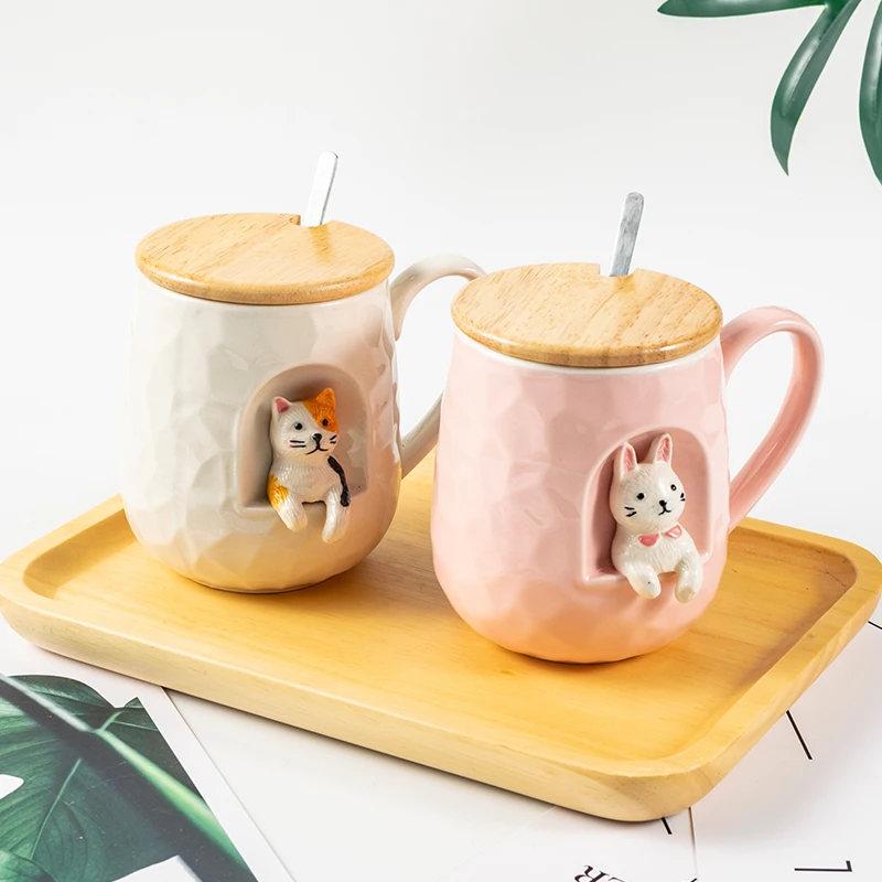 Tazas de cerámica con tapa y cuchara para aliviar animales, taza para café, té de la leche, 430ml|Tazas| - AliExpress
