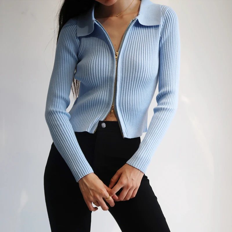 Women Dual Zipper Ribbed Sweater Shirt 