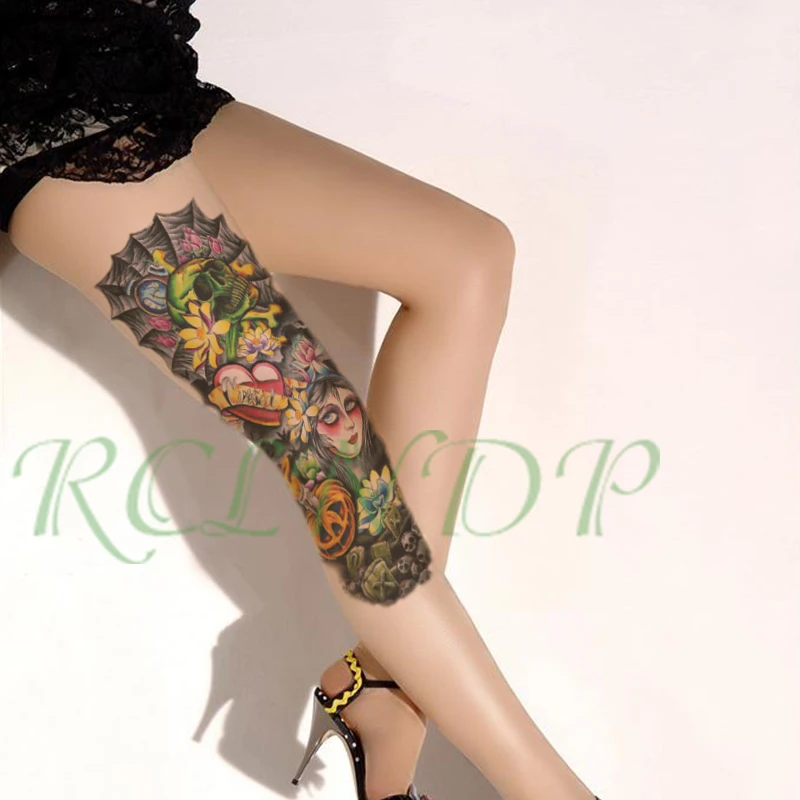 Waterproof Temporary Tattoo Sticker Halloween pumpkin skull beatifull girl full arm large fake tatto flash tatoo for men women