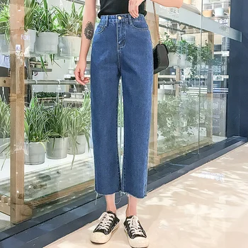 

2020 Large size Loose Pants Jeans woman High Waist Casual Denim Hole mopping Wide Leg Nine points Pants