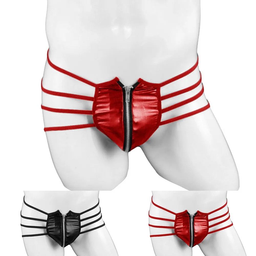 New Hollow Out Bandage Thong Sissy Lingerie Men Sexy Faux Leather PVC Zipped Jock Strap G-String Gays Underwear Bikini Erotic |