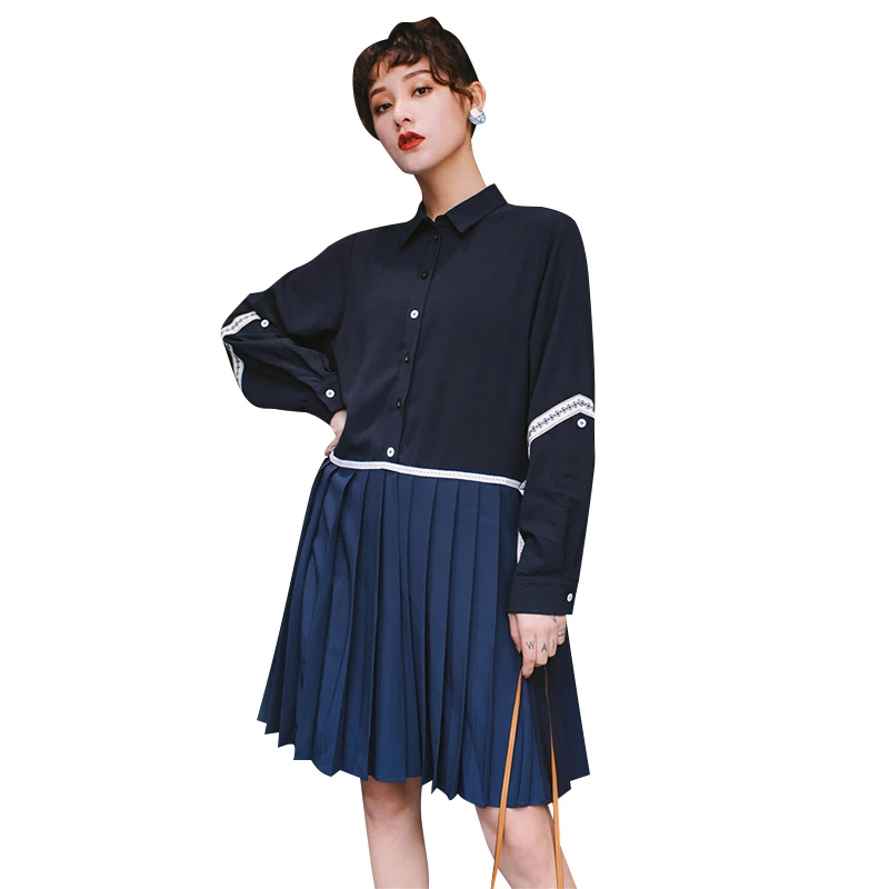 CHICEVER Лето Хит цвет лоскутное плиссированное платье для женщин с лацканами длинным рукавом свободного размера плюс платья Женская мода Новые повседневные