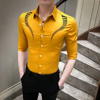 

2020 Summer Camisa Social Masculina Summer British Style Men's Half Sleeve Shirt Slim Embroidery Shirt Solid Color Shirt