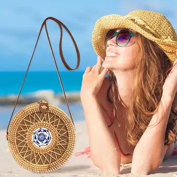 

Summer Small Shoulder Bags Women Beach Rattan Knitting Round Flap Bags Ladies Handmade Crossbody Handbags for Travel