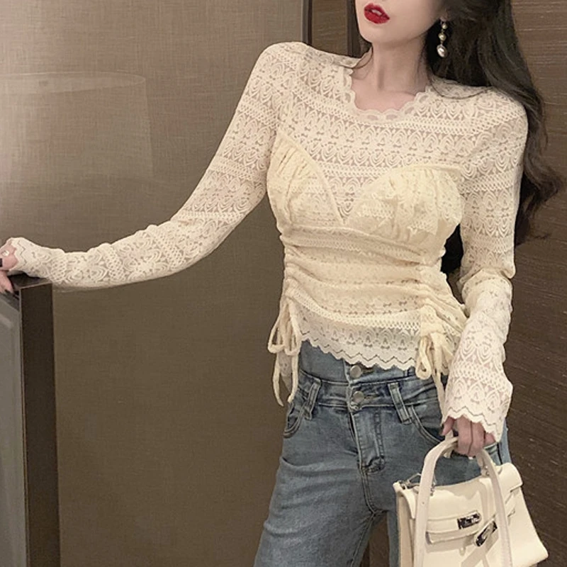 apricot women tshirt RealShe, кружевная женская футболка,, круглый вырез, длинный рукав, бандаж, женские футболки, весенняя, повседневная, сексуальная, Клубная, однотонная, облегающая футболка, Femme - Цвет: apricot women tshirt