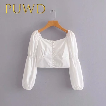 

PUWD 2019 New Autumn Female Lantern Sleeve Square Collar Shirt