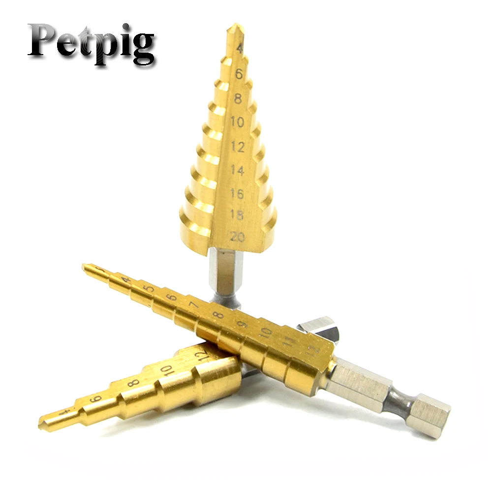 Petpig 3pcs Power Tools Titanium Coated Step Drill Bit Metal 3-12mm/4-12mm/4-20mm Cone Cut High Speed Steel Drill Wood Drilling