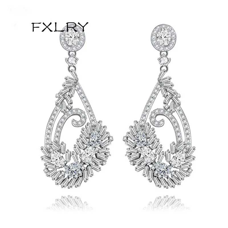 

FXLRY New Design White Color Micro Paved AAA Zircon Geometrical Flowers Earrings Fashion Women Luxury Wedding JEWELRY