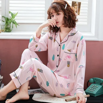 

2PCS Print Women Pajamas Set Full Sleeve Home Dressing Gown Autnmn Sleepwear Turn-Down Collor Nightdress Cotton Negligee