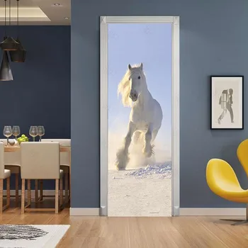 

3D White Horse Door Sticker Diy Home Decoration Decals Self Adhesive Wallpaper Waterproof Mural for Bedroom Door Renovation