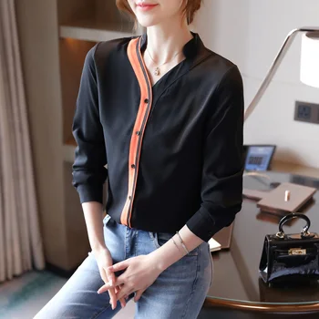 

COIGARSAM Chiffon Shirt Womens tops New Spring Panelled Turn-down Collar V-Neck Women shirts 6111
