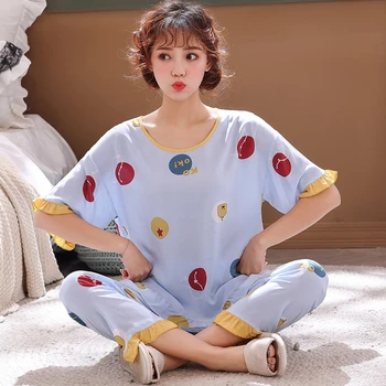 

Pajamas summer women's suit cotton short-sleeved trousers Korean version cute thin loose fashion home service large size пижама