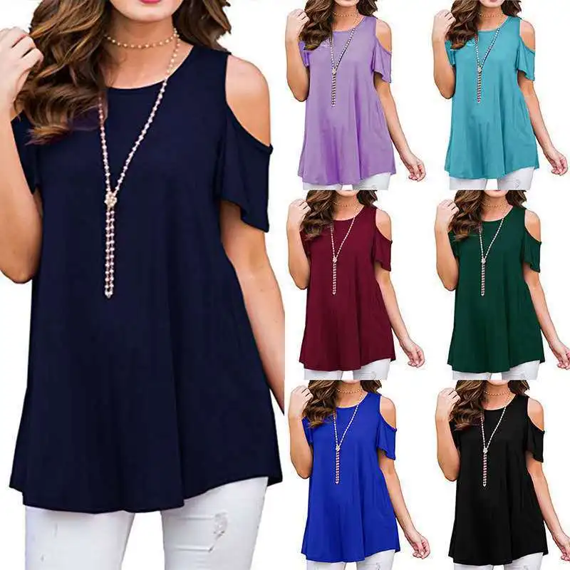 

Europe And America WOMEN'S Dress WOMEN'S Dress Solid Color Joint Crew Neck Short Sleeve off-Shoulder Loose Tops
