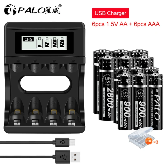 PALO 1.5V AA Li-ion Rechargeable Batteries+1.5v AAA Li-ion Rechargeable Batteries with LCD Smart 1.5V Lithium Battery Charger 6AA6AAA and charger