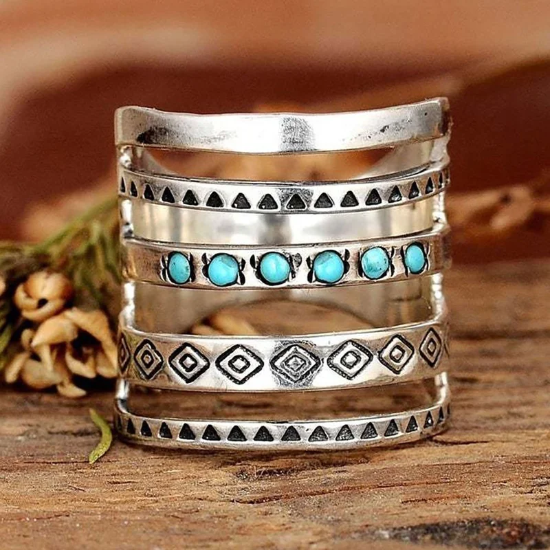 Silver Ring Vintage Bohemian Women's 925 Sterling Silver Multilayer Hollow Turquoise Ring Band Exquisite Engagement Wedding Rings