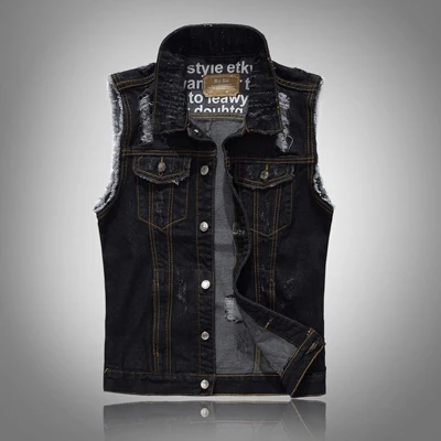 British Fashion Men Vest Ripped Biker Cargo Coats Sleeveless Jackets Men Korean Style Streetwear Hip Hop Denim Vest Hombre - Цвет: Черный