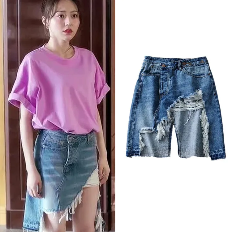 

20 Summer New Style High Density Celebrity Style High-waisted with Holes Flash Irregular Denim Skirt Slit Loose-Fit Skirt Women'