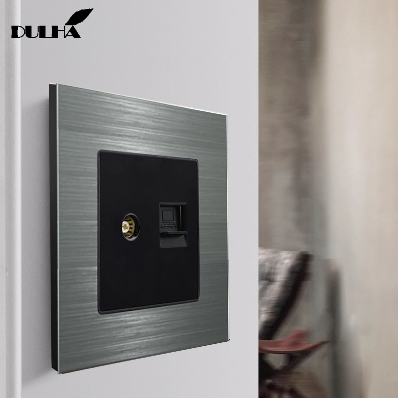 Настенная розетка для компьютера Ethernet и телевизора атласная металлическая