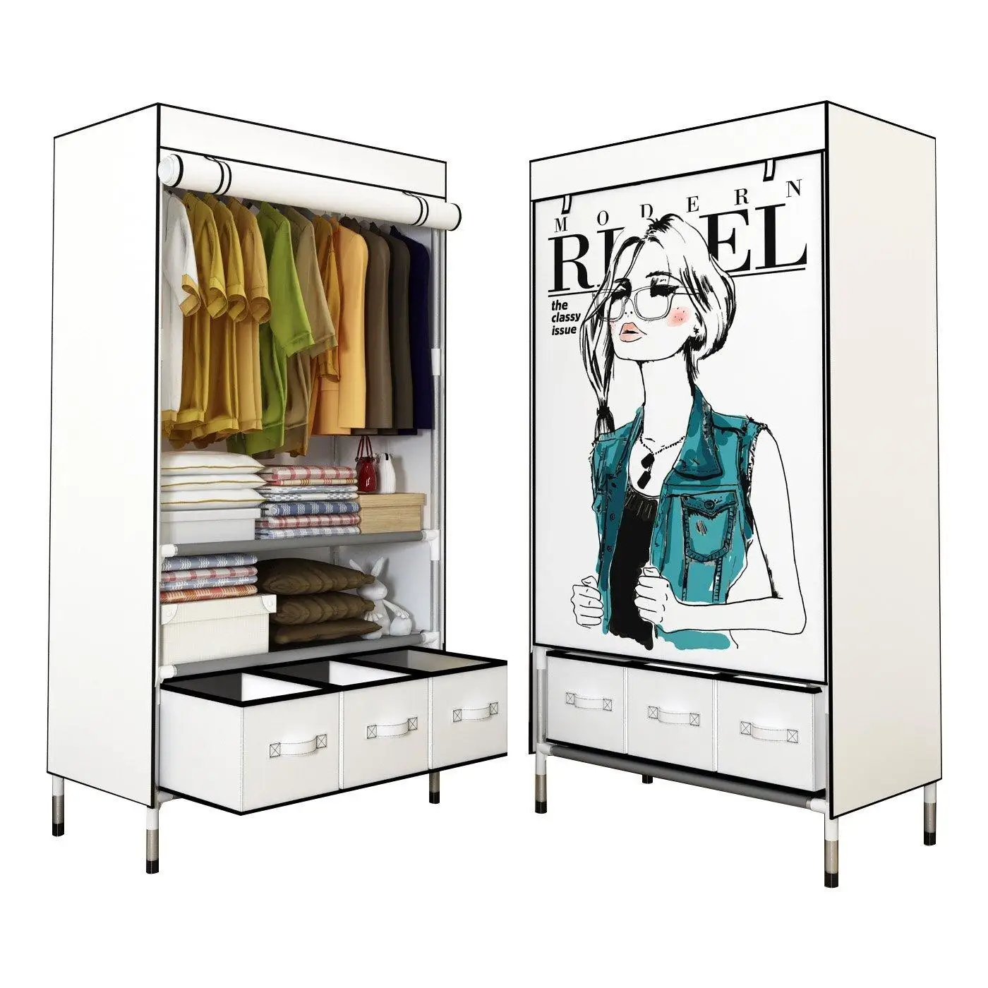 Portable Clothes font b Closet b font Rolling Door Wardrobe Sturdy Rust Proof Stainless Steel Frame