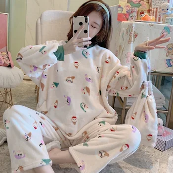 

Women Cartoon Pajama Sets Flannel Long Sleeved Suit Pajamas Set Animal Warm Coral Velvet Women's Winter Fashion Home Clothes