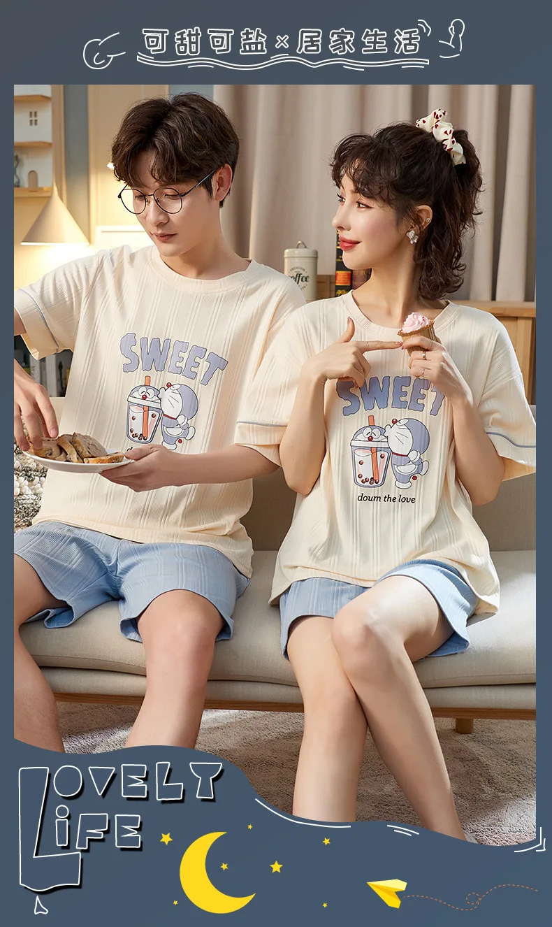 Summer Japan Anime Couple Pajamas Set Kawaii Sweet Doraemon Cartoon Maiden Sleepwear Leisure Cotton Short Sleeve Men Homewear cotton loungewear