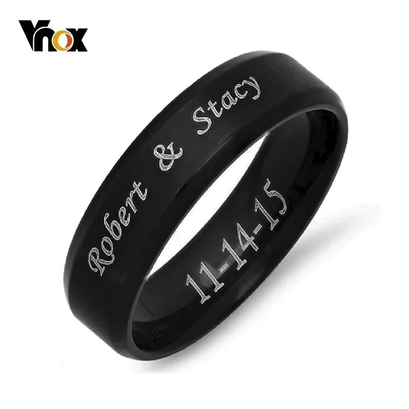 Vnox-Bague centrale brossée à bord biseauté en acier inoxydable pour hommes et femmes, alliance noire, nom personnalisé, lettre, date