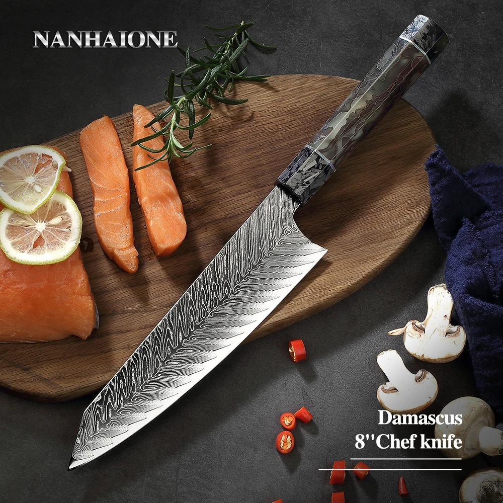 NANHAIONE нож шеф повара Дамасская сталь японский Kiritsuke с новым дизайном углеродное волокно флуоресцентная