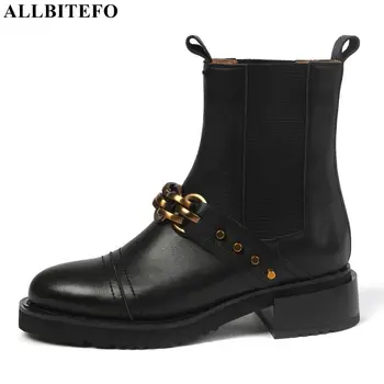 

ALLBITEFO rivets design genuine leather women boots Waterproof shoes fashion leisure ankle boots motocycle high heel boots