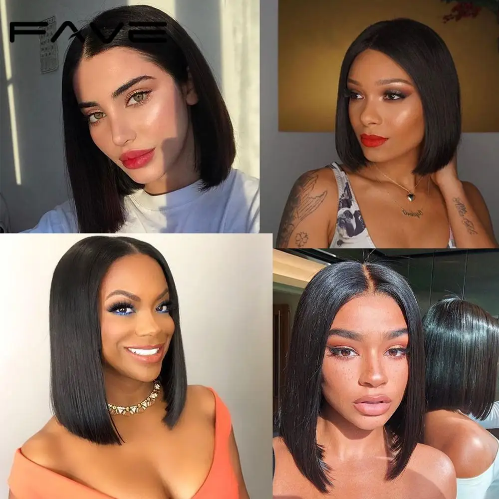 FAVE Lace Front Human Hair Wigs Natural Black Color Short Bob Straight Brazilian Remy Wigs 12-14 inch For Women Cosplay Or Party