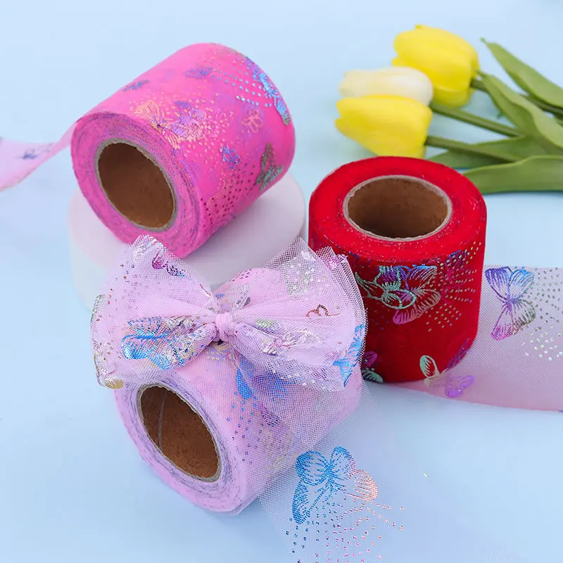 5yards 60mm/80mm Symphony Glitter Butterfly Printed Organza Stain Ribbon for DIY Crafts Wedding Party Decor Gift Packaging, satin ribbons, ribbon decoration, ribbon supplies, wrapping ribbon, satin ribbon, grosgrain ribbon, sewing ribbon, organza ribbon