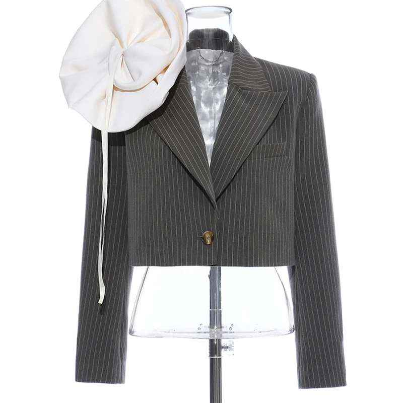 

Women Stripe Short Blazer Flower Detachable High Street Jacket Coat