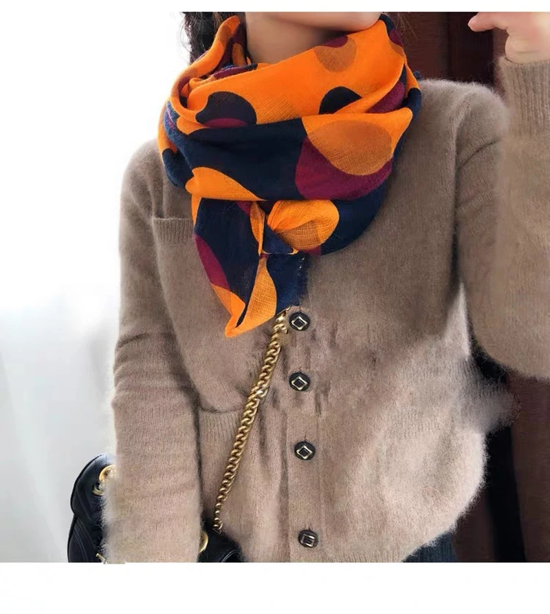 Прямая поставка хлопковый шарф для женщин зимние теплые вискозные шарфы Модный узор в горошек дизайн оранжевый пашмины шали шарф