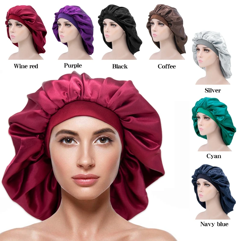 2021 Fashion Satin Silky Bonnet Sleep Cap with Premium Elastic Band For Women Solid Color Head Wrap Brimmed Nightcap Night Hat |