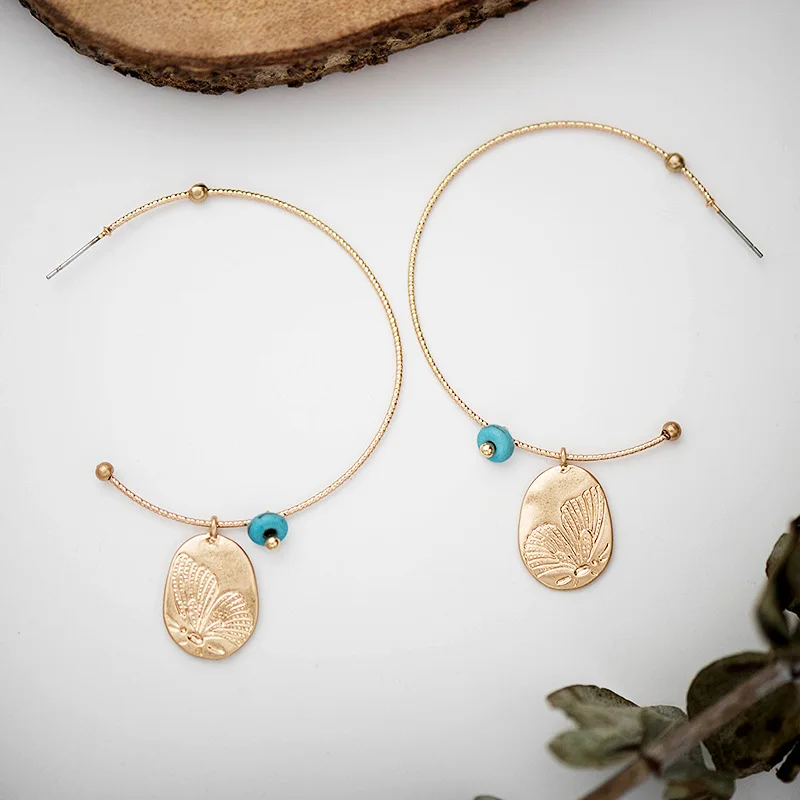 

Sloong New Fashion Statement Big Gold Hoop Earrings with Metal Butterfly Charm Simple Round Circle Gold Loop Earrings For Women