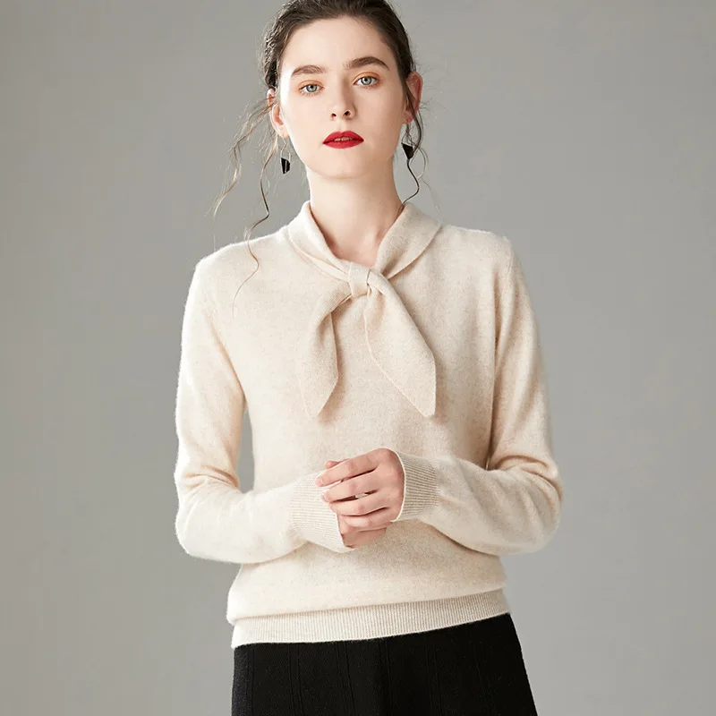 

Elegant by Age Light Luxury Australia Pure Wool Rabbit Collar Woollen Sweater Women's Outer Wear Bow Lace-up Knit Low Waist Jers
