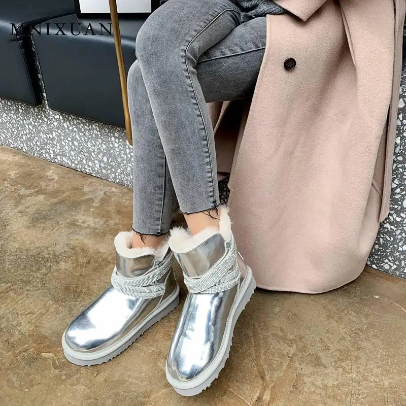

MNIXUAN Comfortable warm Ankle Boots For Women 2019 new fashion round toe patent leather flats platform snow boots big size 42