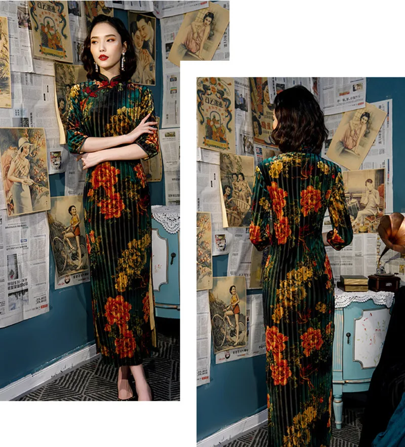 Sheng Coco эластичные большого размера бархатные платья Qipao вечернее Ципао 5XL 4XL новое гибкое современное длинное платье женский китайский костюм