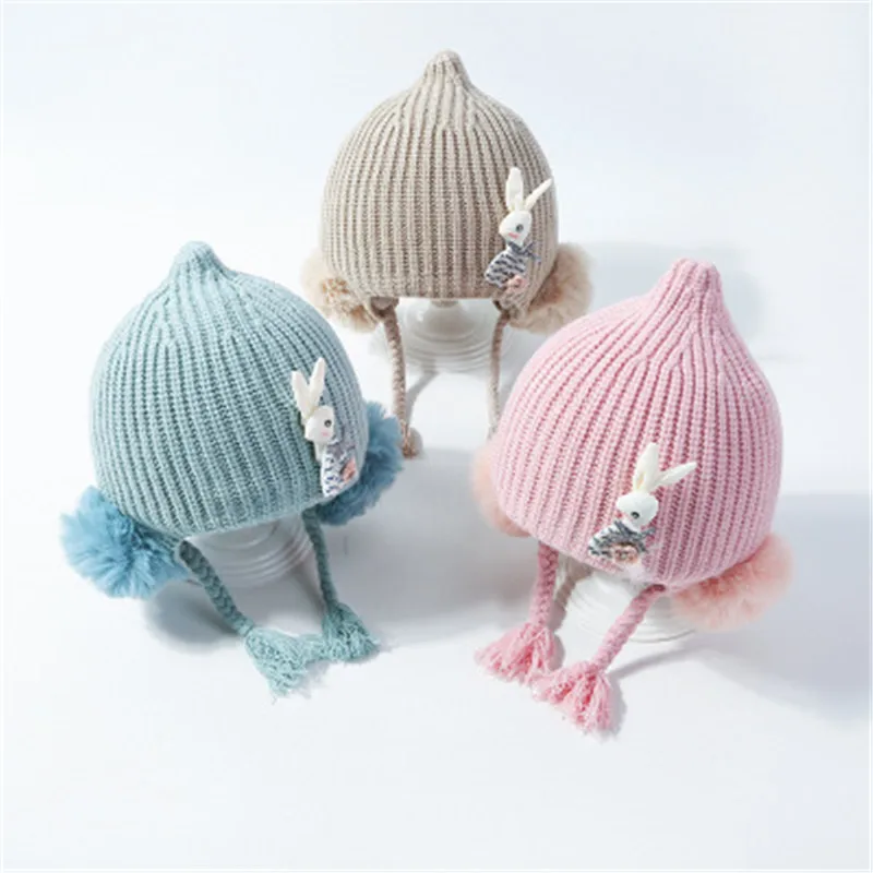 Осенне-зимние помпоны-кролики, одноцветные теплые детские шапки Skullie Beanies, эластичная шапка, модные аксессуары для девочек, QNC