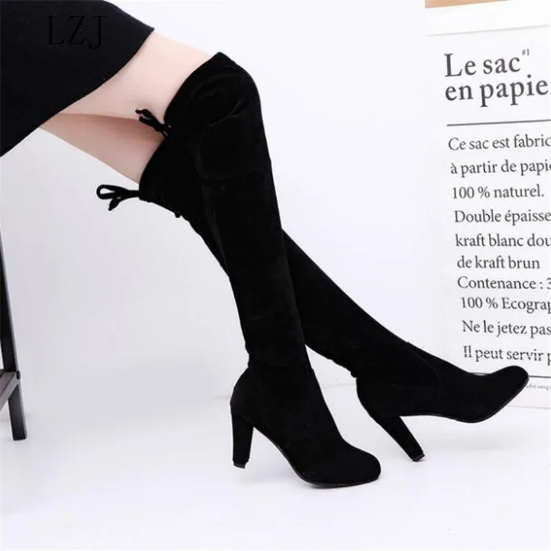 

2019 Winter New Women's Boots Over The Knee Stretch Flocking Boots Set of Feet High-heeled Shoes Slim Comfort Boots Size 35-43